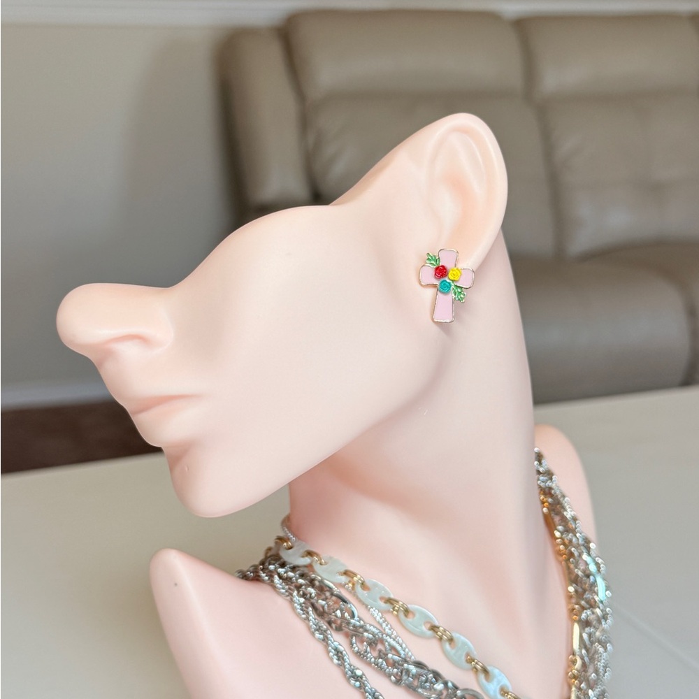 Cross Floral Stud Earrings in Pink with Multicolor Accents